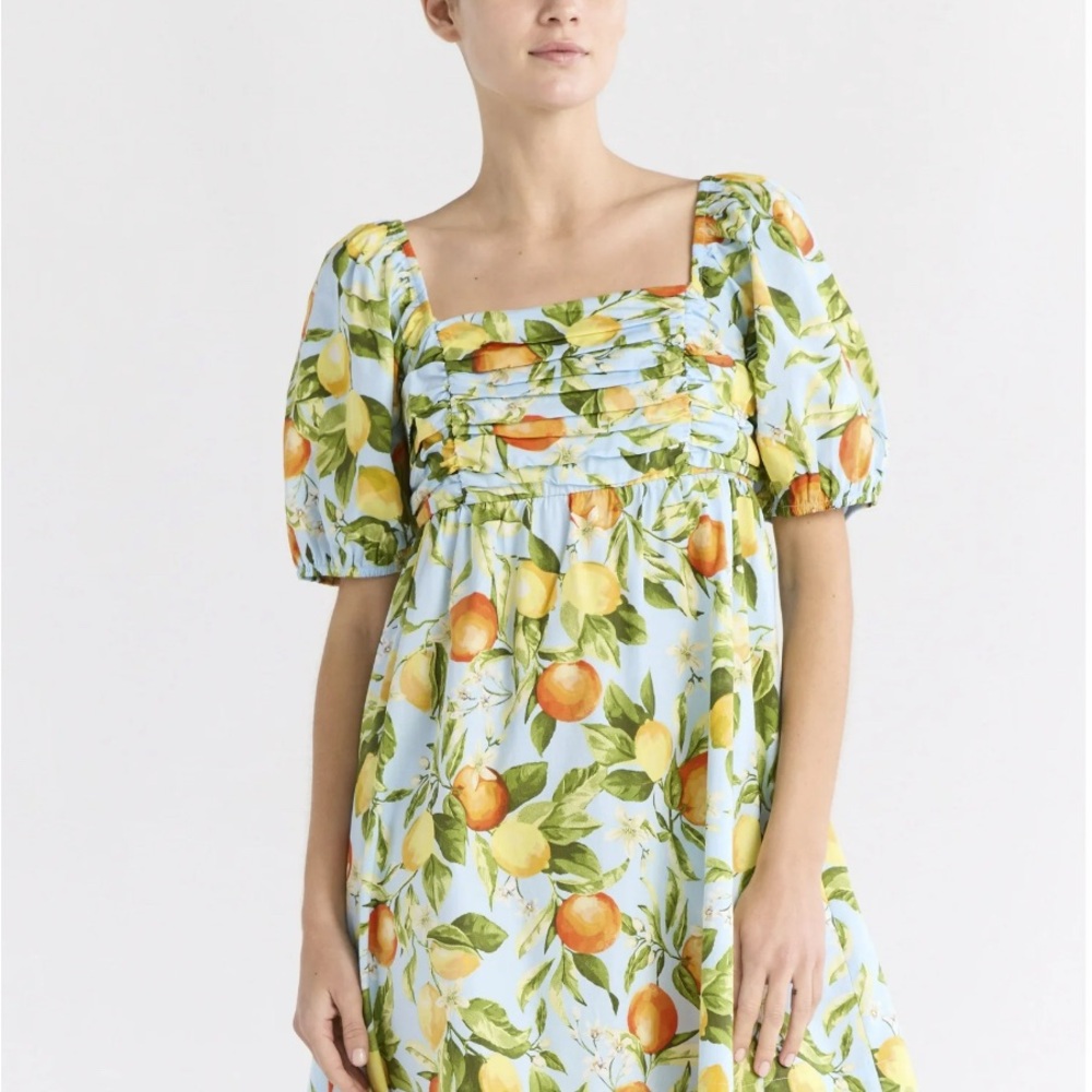 Free Assembly Women's Shirred Cotton Dress with Puff Sleeves